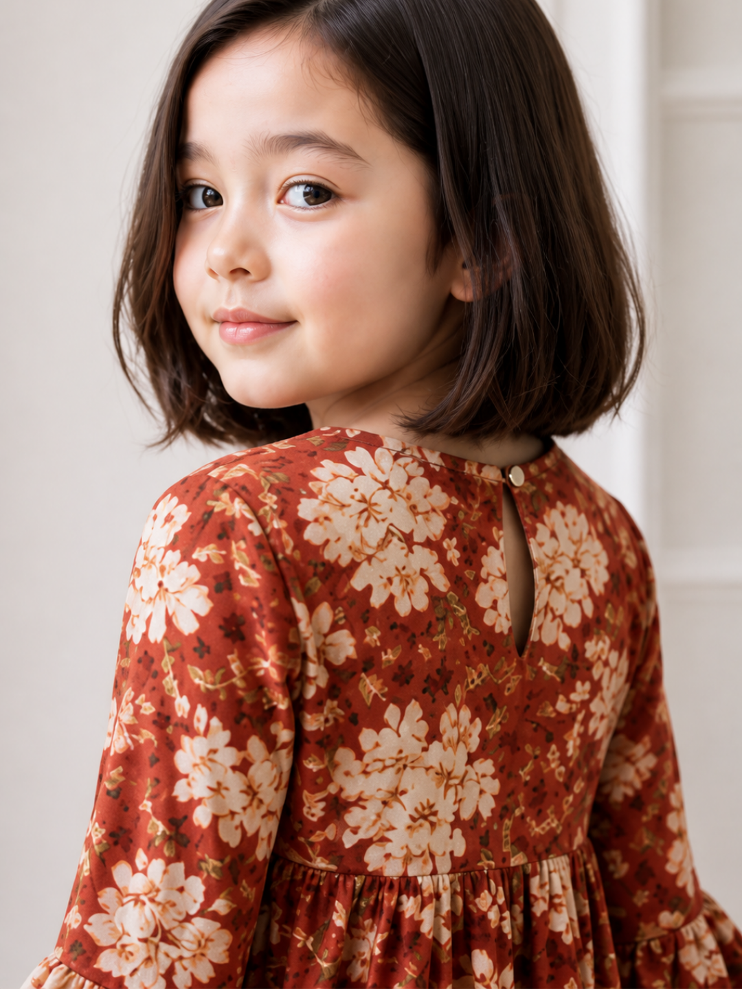 Girls Rust Floral V-Neck Dress | Cotton Tiered Party Dress with Bell Sleeves (2–8 Years)