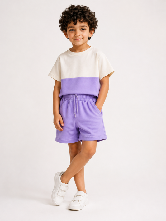 Kids Lavender Color Block T-Shirt & Shorts Set | Unisex Cotton Summer Co-Ord Set (1–5 Years)