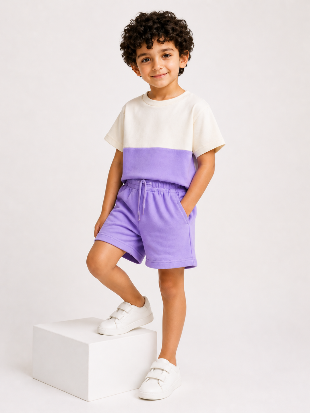 Kids Lavender Color Block T-Shirt & Shorts Set | Unisex Cotton Summer Co-Ord Set (1–5 Years)