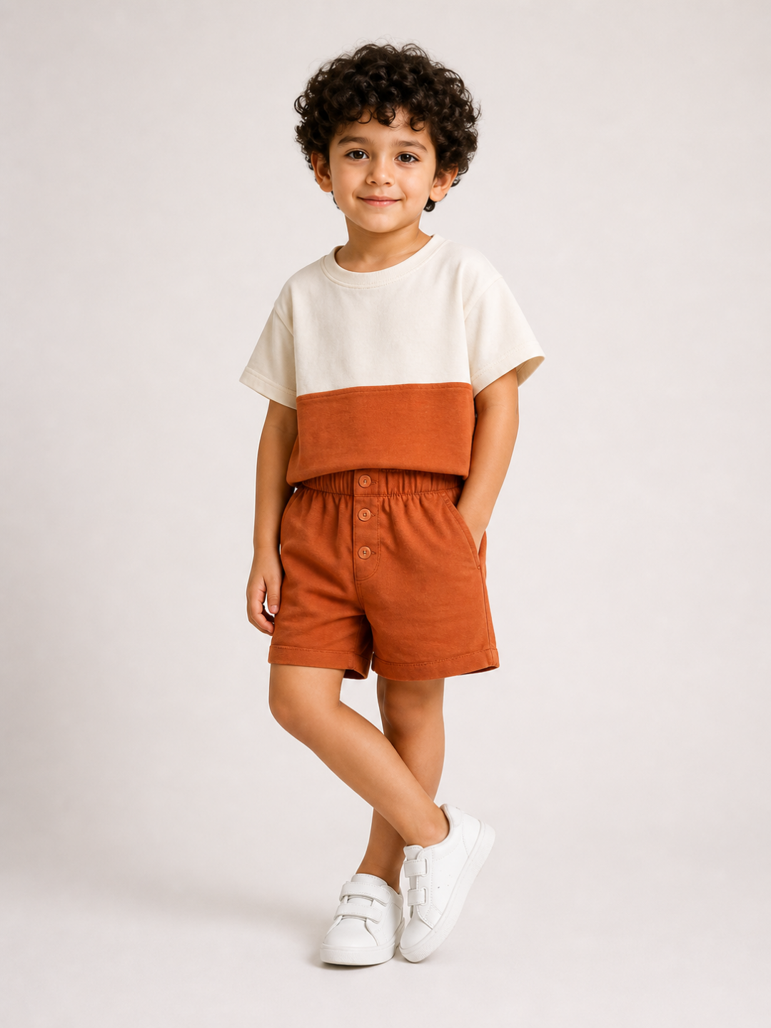 Kids Rust Color Block T-Shirt & Shorts Set | Unisex Cotton Summer Co-Ord Set (1–5 Years)
