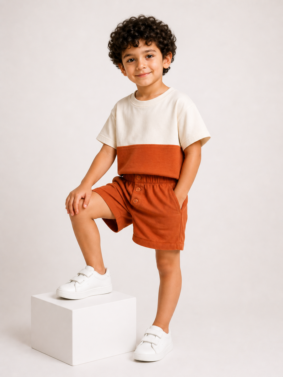 Kids Rust Color Block T-Shirt & Shorts Set | Unisex Cotton Summer Co-Ord Set (1–5 Years)