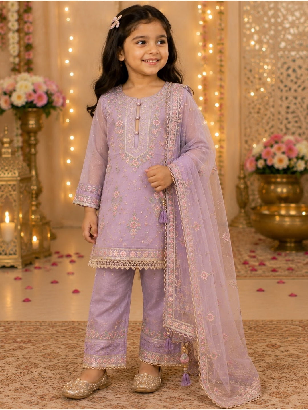 Girls Lavender Embroidered Kurta Palazzo Set with Dupatta | Kids Ethnic Suit | Party Wear Traditional Dress for Girls (1–8 Years)