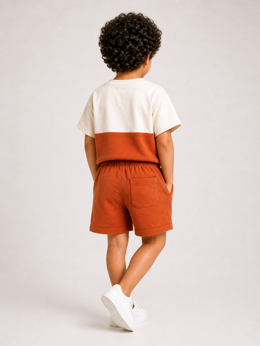 Kids Rust Color Block T-Shirt & Shorts Set | Unisex Cotton Summer Co-Ord Set (1–5 Years)