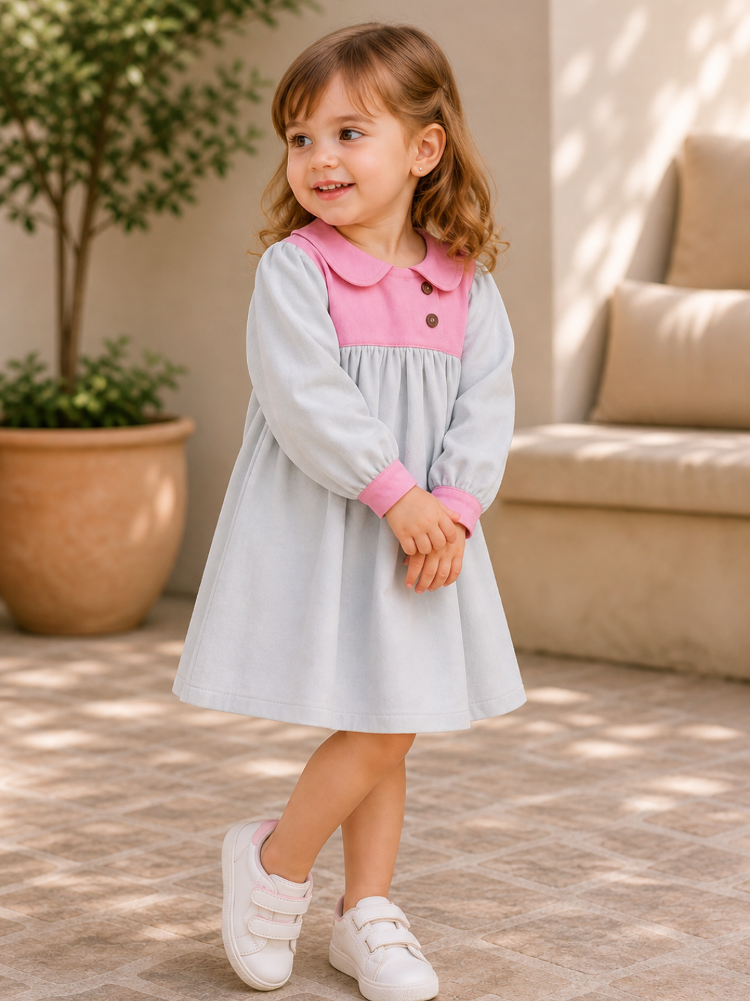Toddler Girls Grey & Pink Peter Pan Collar Dress | Full Sleeve Cotton Casual Dress for Kids (2–8 Years)