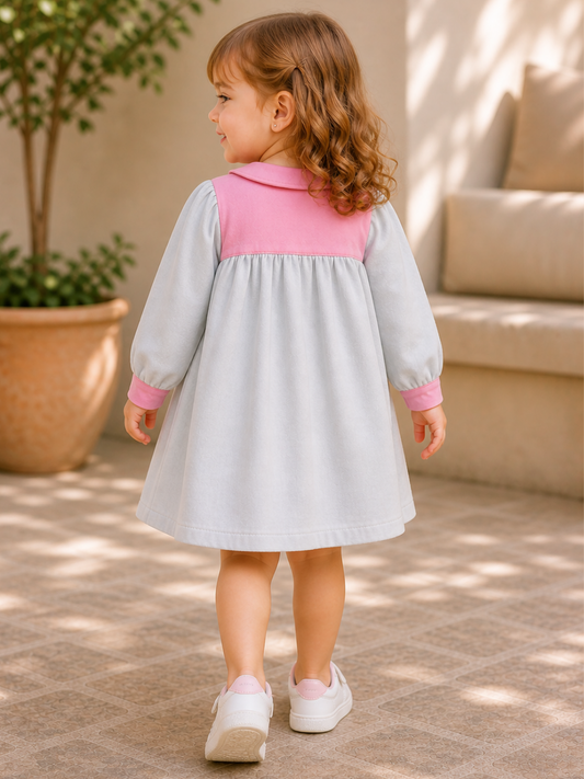 Toddler Girls Grey & Pink Peter Pan Collar Dress | Full Sleeve Cotton Casual Dress for Kids (2–8 Years)