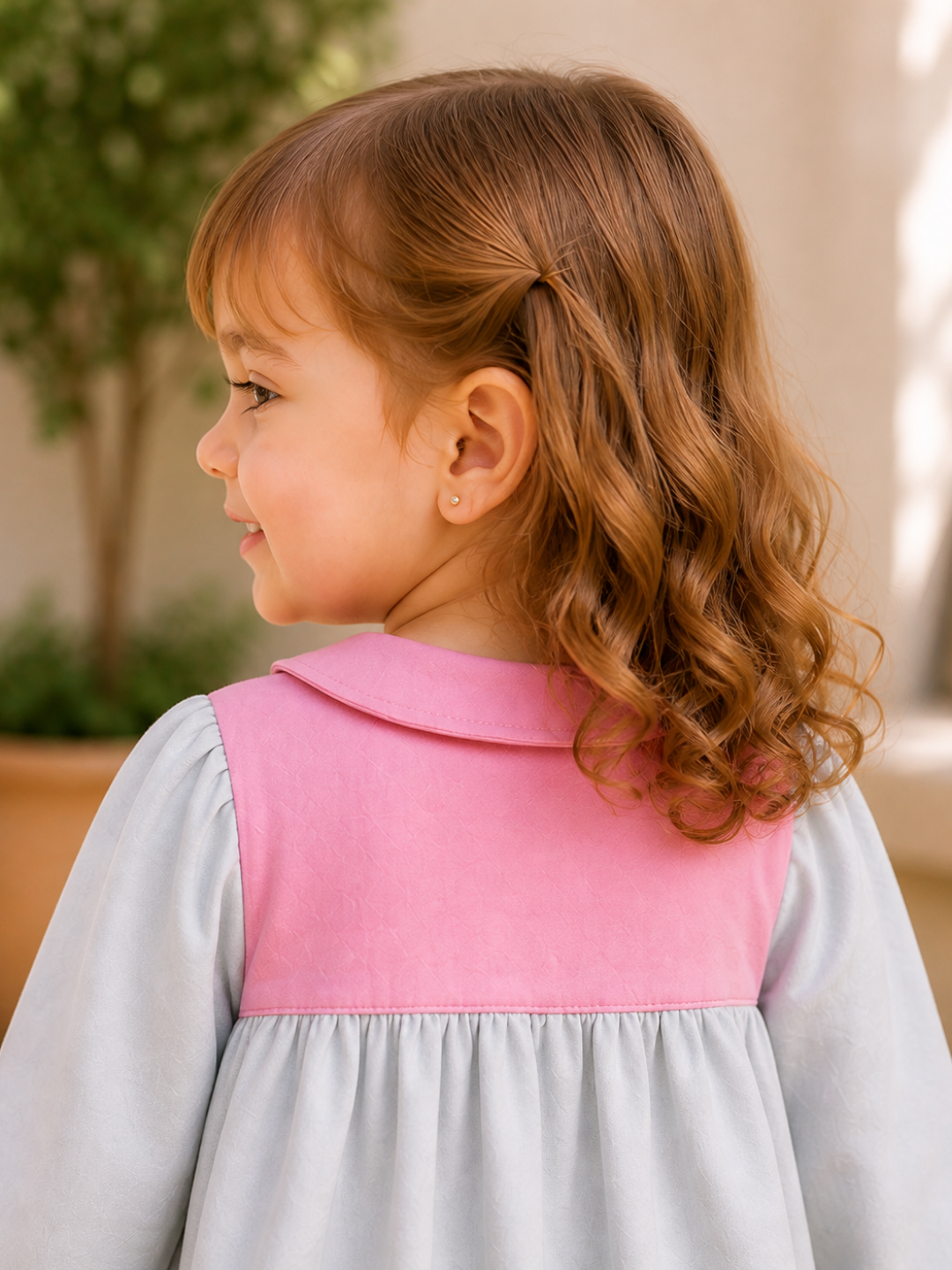 Toddler Girls Grey & Pink Peter Pan Collar Dress | Full Sleeve Cotton Casual Dress for Kids (2–8 Years)