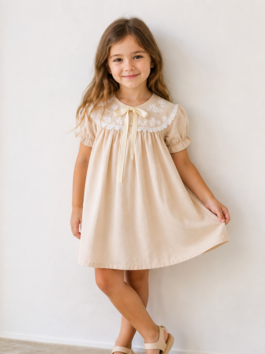 Toddler Girls Beige Embroidered Collar Dress | Elegant Cotton A-Line Party Dress for Kids (2–9 Years)