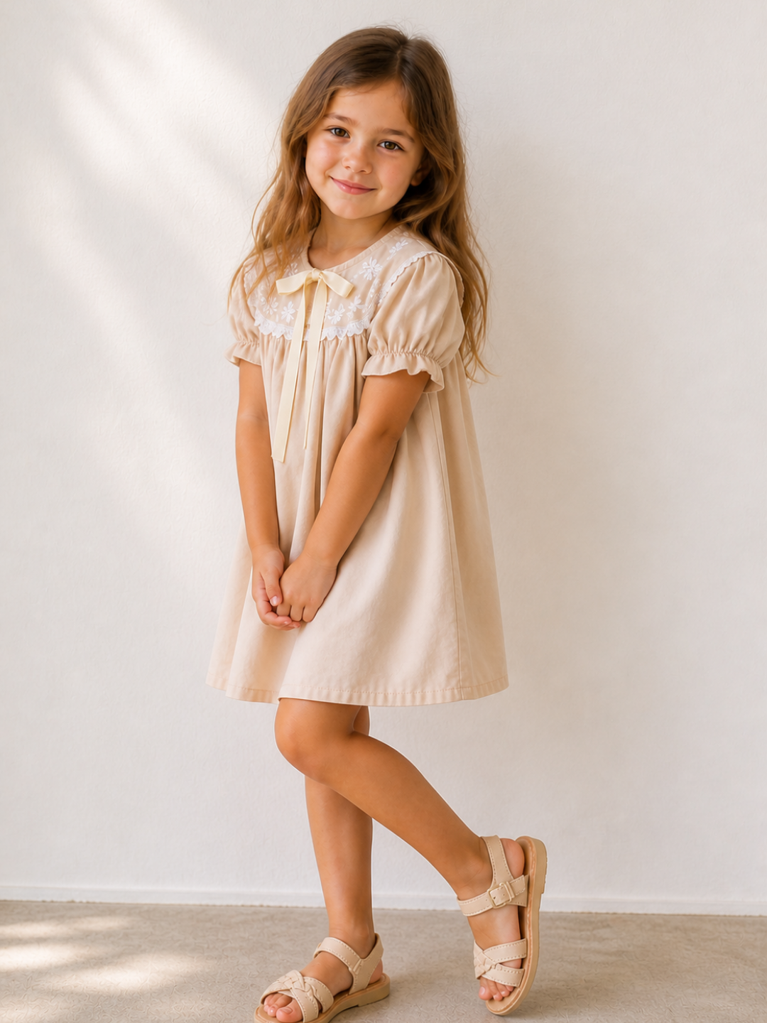 Toddler Girls Beige Embroidered Collar Dress | Elegant Cotton A-Line Party Dress for Kids (2–9 Years)