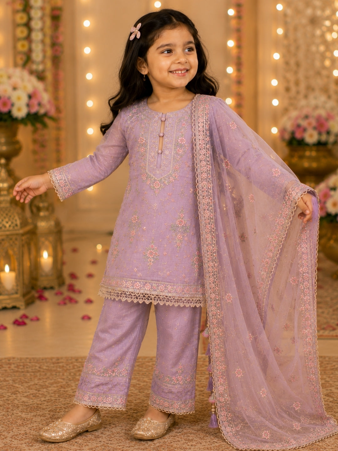 Girls Lavender Embroidered Kurta Palazzo Set with Dupatta | Kids Ethnic Suit | Party Wear Traditional Dress for Girls (1–8 Years)