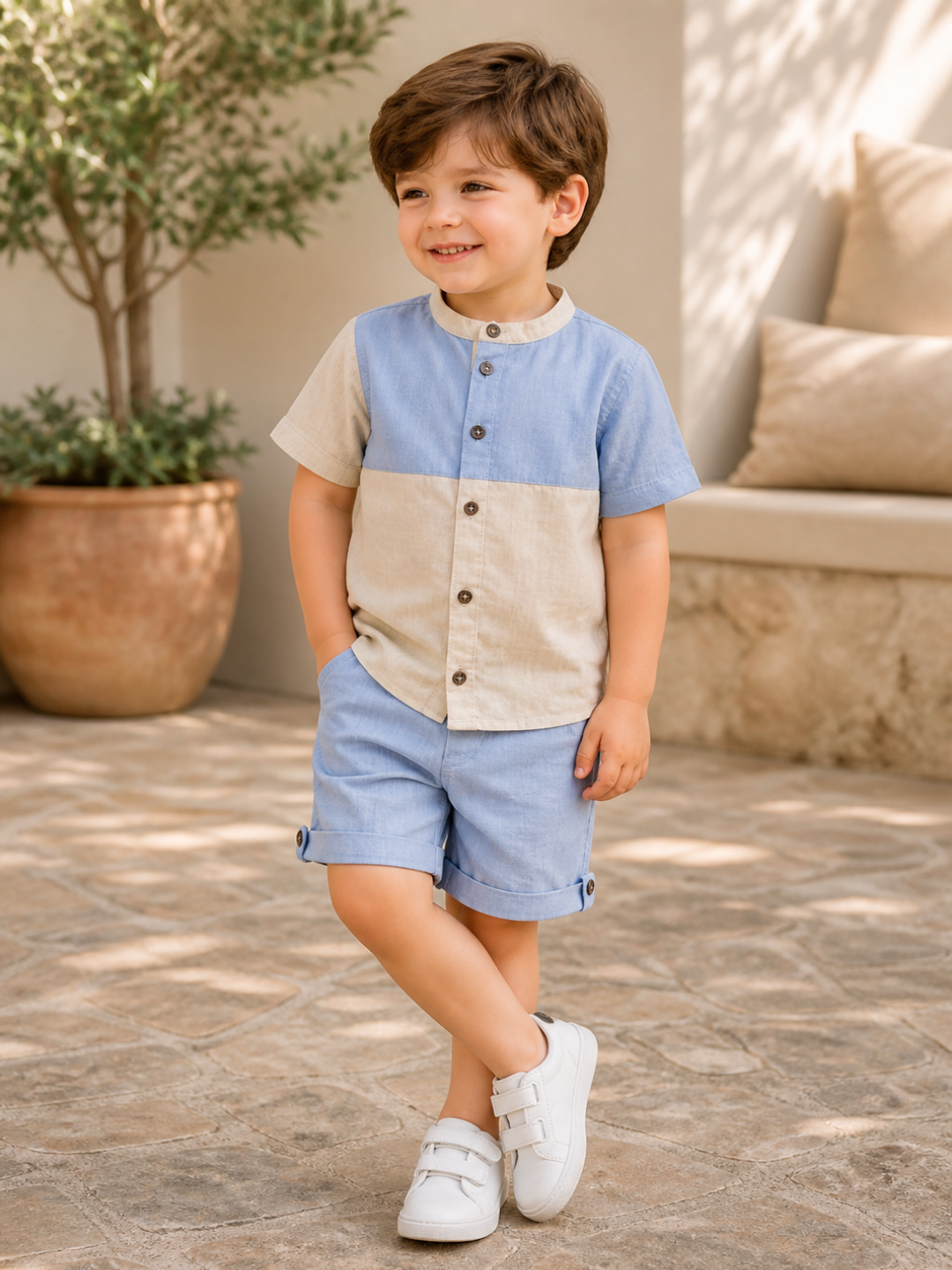 Toddler Boys Sky Blue & Beige Cotton Shirt and Shorts Set | Casual Summer Co-ord Outfit for Kids (2–9 Years)