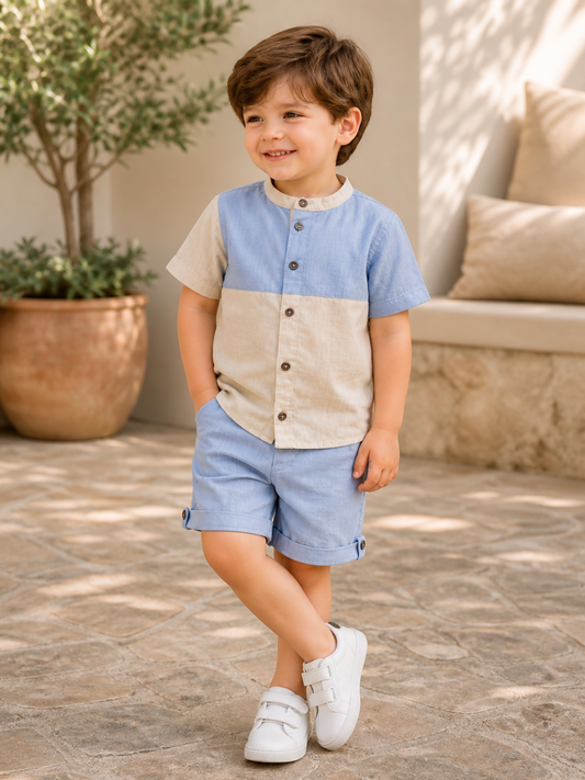Toddler Boys Sky Blue & Beige Cotton Shirt and Shorts Set | Casual Summer Co-ord Outfit for Kids (2–9 Years)