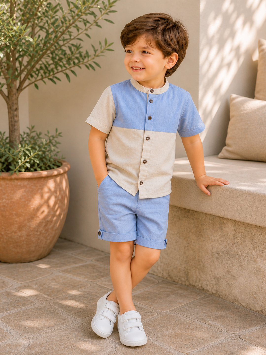 Toddler Boys Sky Blue & Beige Cotton Shirt and Shorts Set | Casual Summer Co-ord Outfit for Kids (2–9 Years)