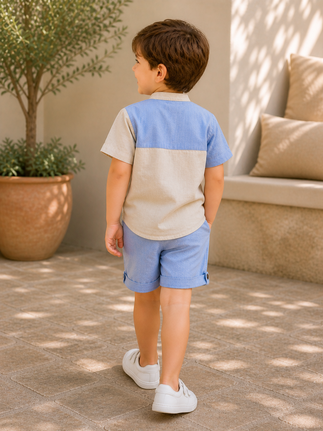 Toddler Boys Sky Blue & Beige Cotton Shirt and Shorts Set | Casual Summer Co-ord Outfit for Kids (2–9 Years)
