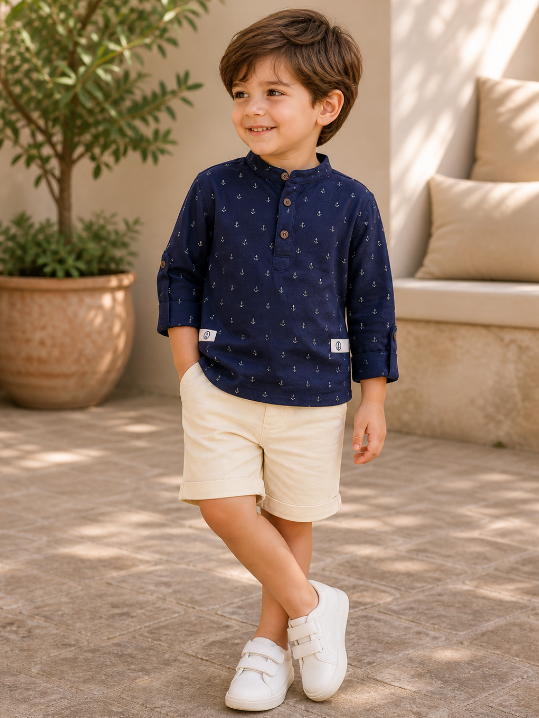Toddler Boys Navy Blue Printed Kurta Shirt with Beige Shorts | Cotton Casual Ethnic Co-ord Set for Kids (2–9 Years)