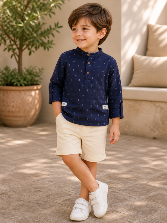 Toddler Boys Navy Blue Printed Kurta Shirt with Beige Shorts | Cotton Casual Ethnic Co-ord Set for Kids (2–9 Years)
