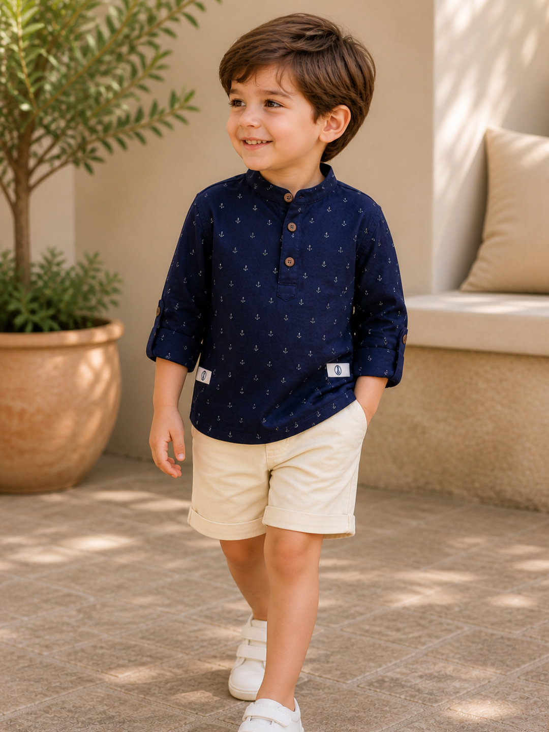 Toddler Boys Navy Blue Printed Kurta Shirt with Beige Shorts | Cotton Casual Ethnic Co-ord Set for Kids (2–9 Years)