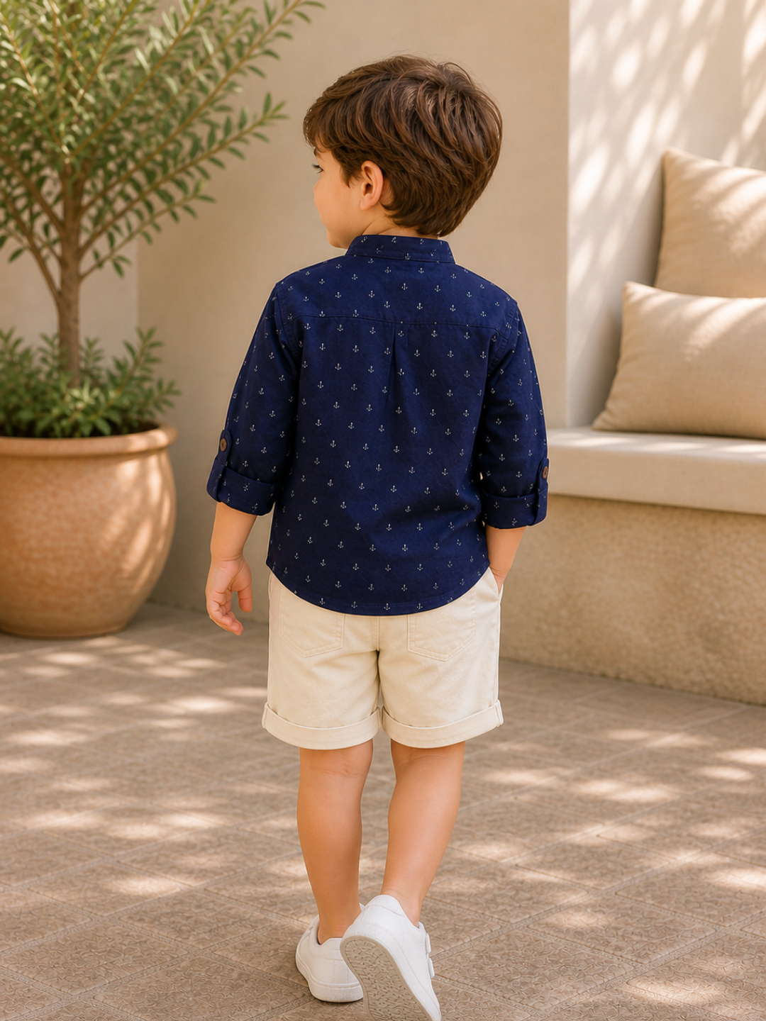 Toddler Boys Navy Blue Printed Kurta Shirt with Beige Shorts | Cotton Casual Ethnic Co-ord Set for Kids (2–9 Years)