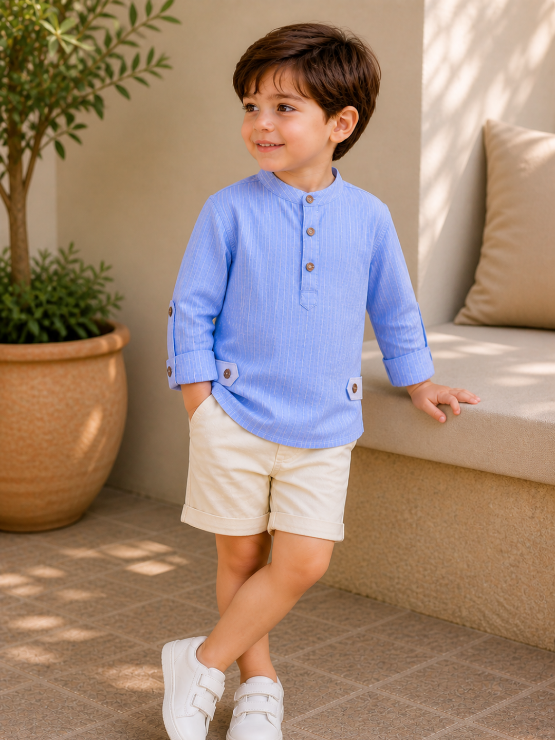 Toddler Boys Sky Blue Mandarin Collar Kurta Shirt with Beige Shorts | Cotton Ethnic Casual Co-ord Set for Kids (2–9 Years)