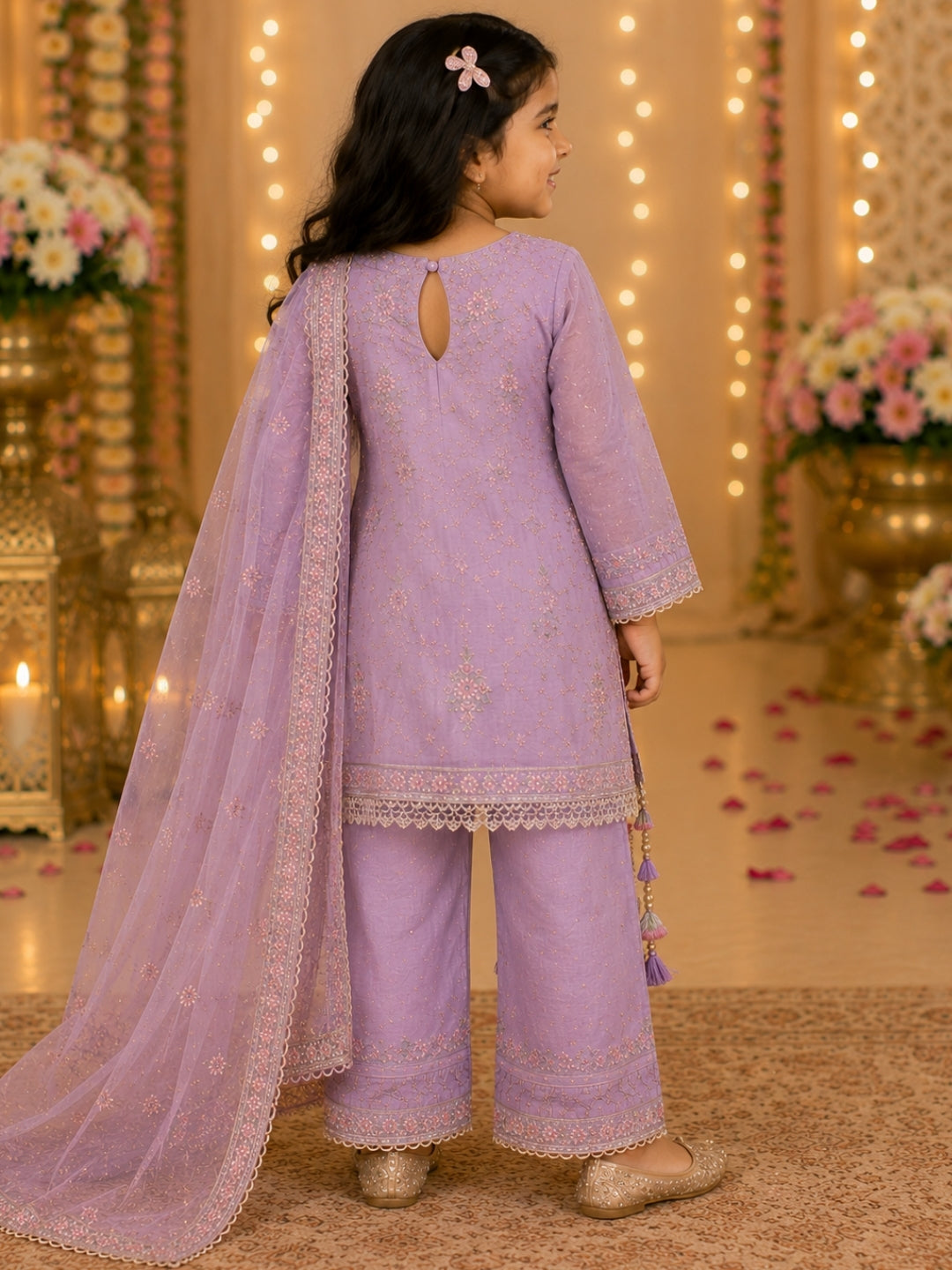 Girls Lavender Embroidered Kurta Palazzo Set with Dupatta | Kids Ethnic Suit | Party Wear Traditional Dress for Girls (1–8 Years)