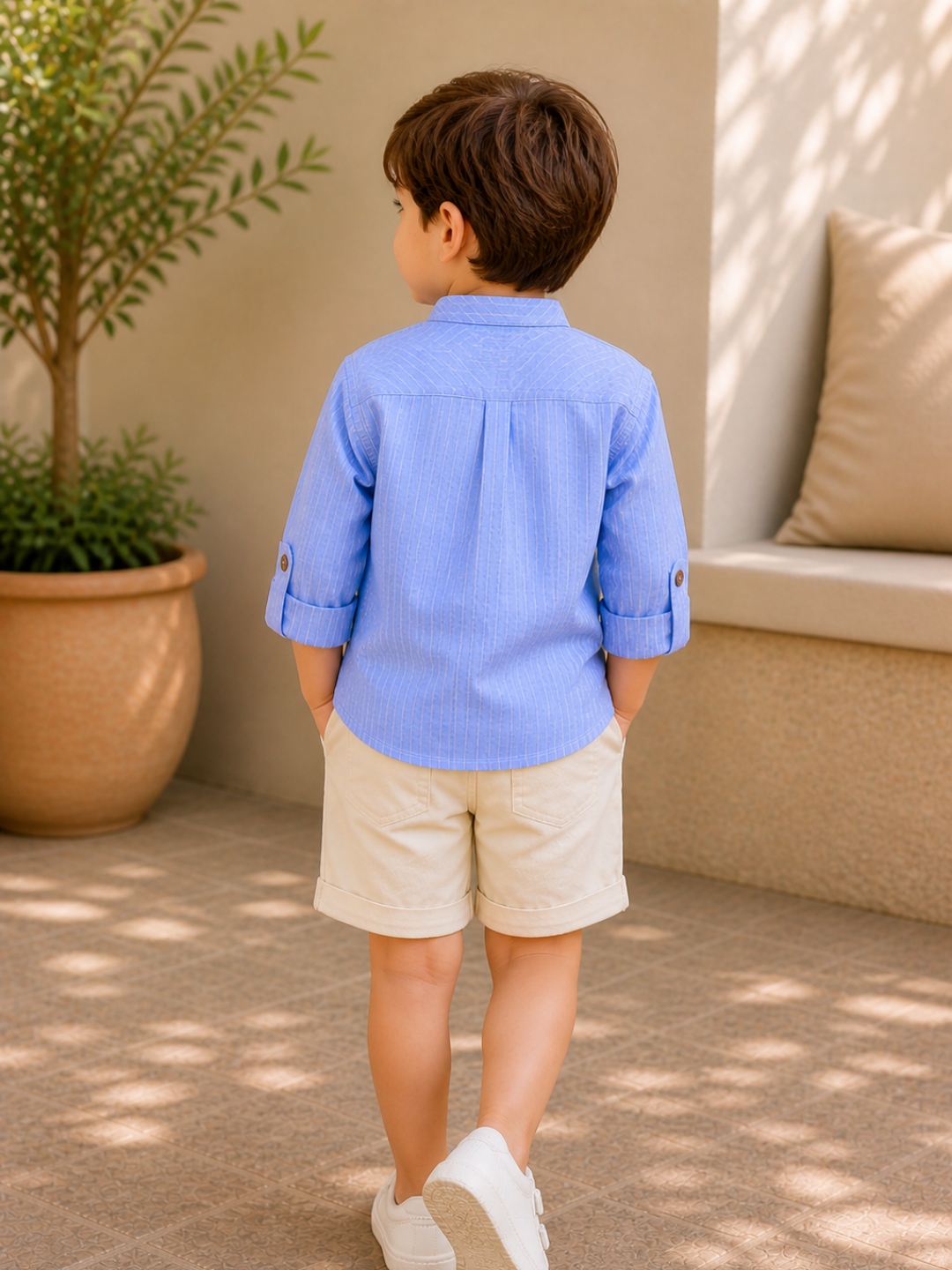 Toddler Boys Sky Blue Mandarin Collar Kurta Shirt with Beige Shorts | Cotton Ethnic Casual Co-ord Set for Kids (2–9 Years)