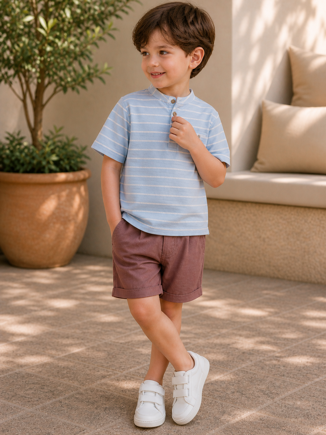 Toddler Boys Sky Blue Striped Henley T-Shirt with Mauve Shorts | Casual Cotton Summer Co-ord Set for Kids (2–9 Years)