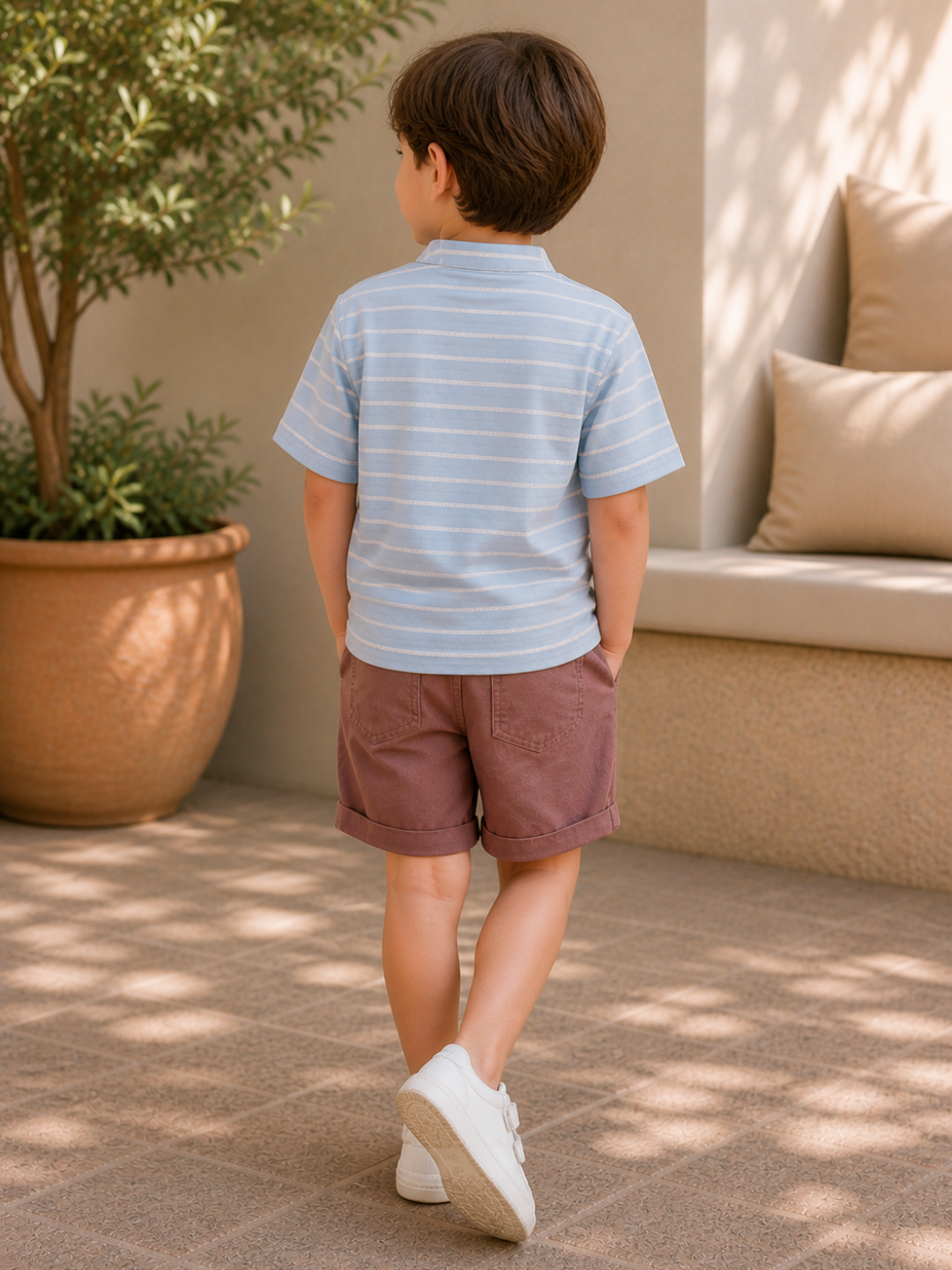 Toddler Boys Sky Blue Striped Henley T-Shirt with Mauve Shorts | Casual Cotton Summer Co-ord Set for Kids (2–9 Years)