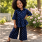 Girls Navy Blue Polka Dot Peplum Top with Wide Leg Pants Co-ord Set | Stylish Cotton Casual Outfit for Kids (2–8 Years)