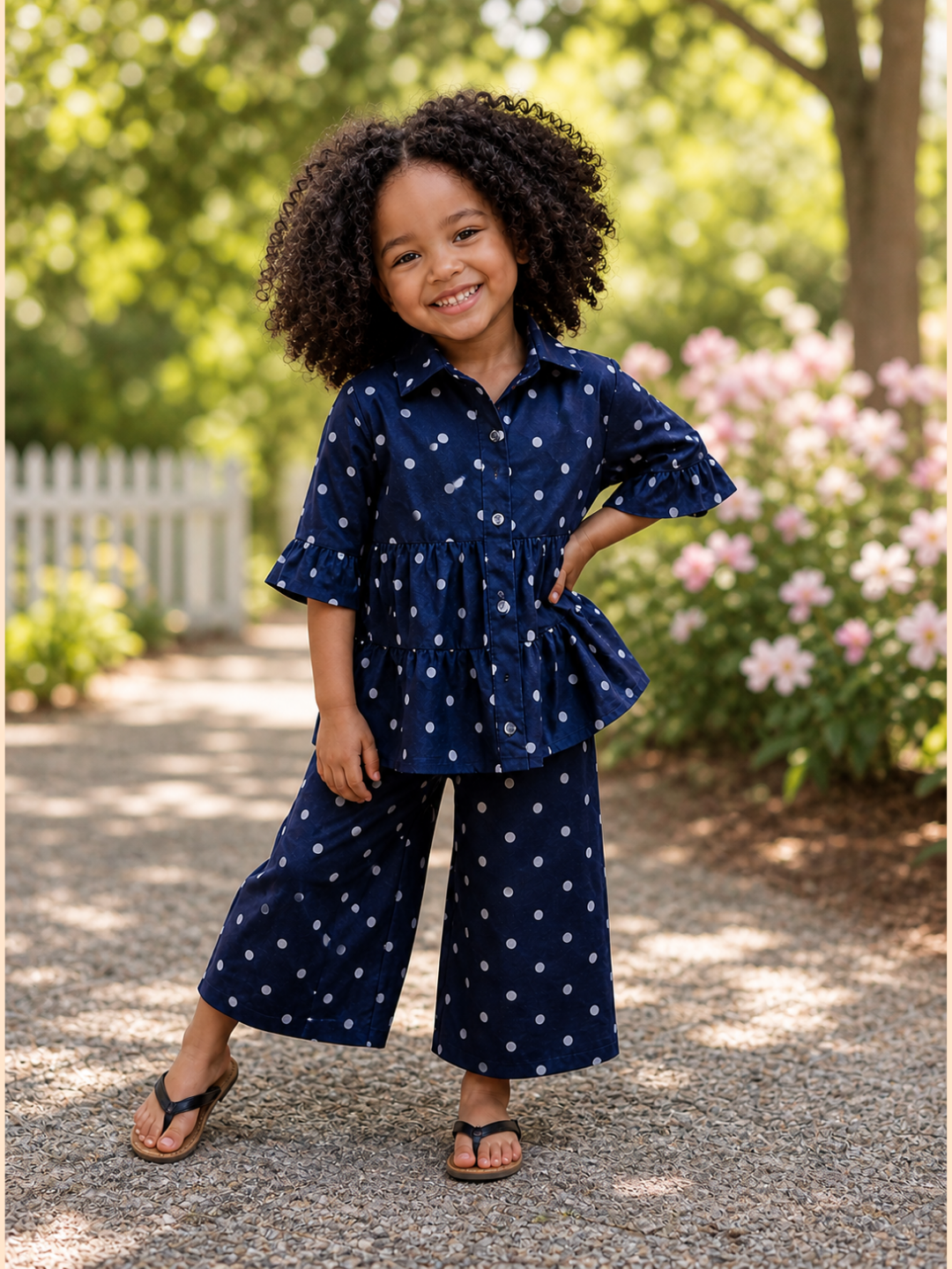Girls Navy Blue Polka Dot Peplum Top with Wide Leg Pants Co-ord Set | Stylish Cotton Casual Outfit for Kids (2–8 Years)