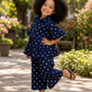 Girls Navy Blue Polka Dot Peplum Top with Wide Leg Pants Co-ord Set | Stylish Cotton Casual Outfit for Kids (2–8 Years)