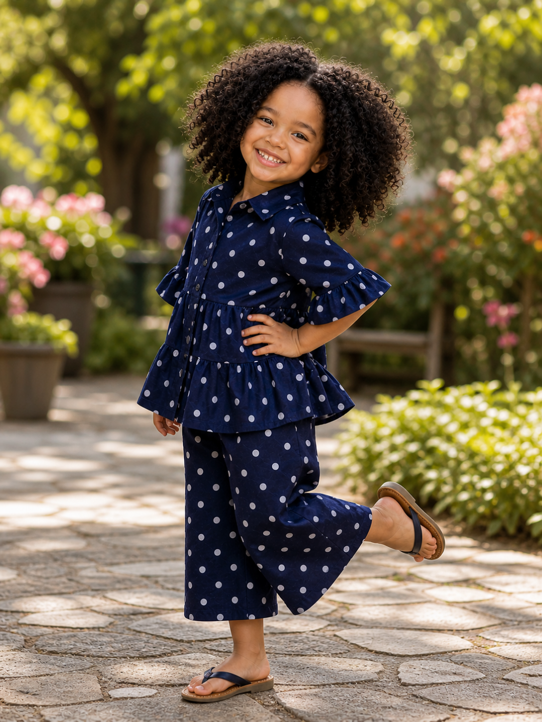 Girls Navy Blue Polka Dot Peplum Top with Wide Leg Pants Co-ord Set | Stylish Cotton Casual Outfit for Kids (2–8 Years)