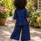 Girls Navy Blue Polka Dot Peplum Top with Wide Leg Pants Co-ord Set | Stylish Cotton Casual Outfit for Kids (2–8 Years)