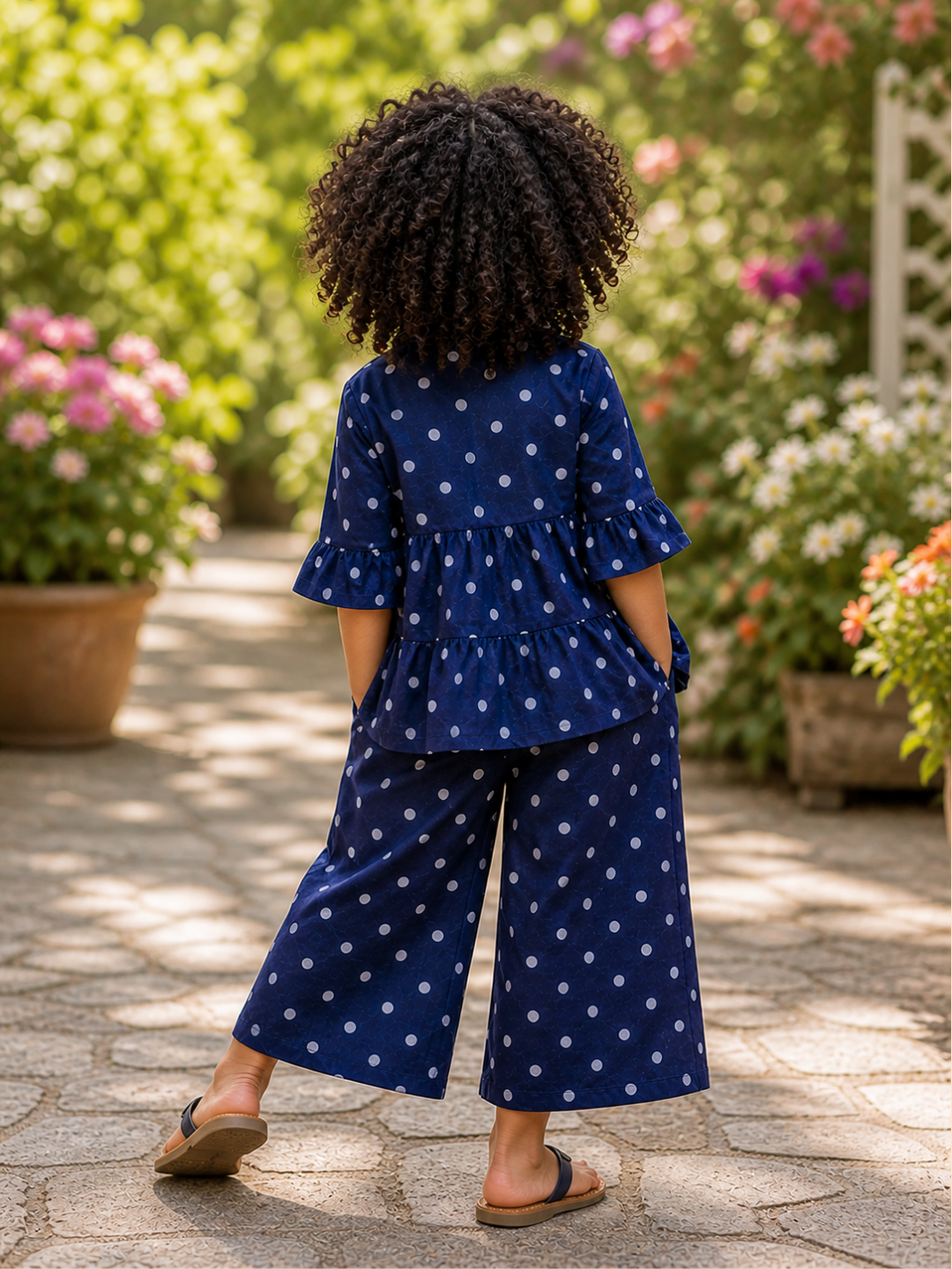 Girls Navy Blue Polka Dot Peplum Top with Wide Leg Pants Co-ord Set | Stylish Cotton Casual Outfit for Kids (2–8 Years)