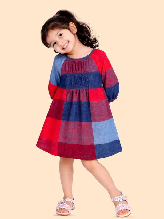 Girls Red & Blue Checkered Dress | Stylish Casual Cotton Dress for Kids (2-6 Years)