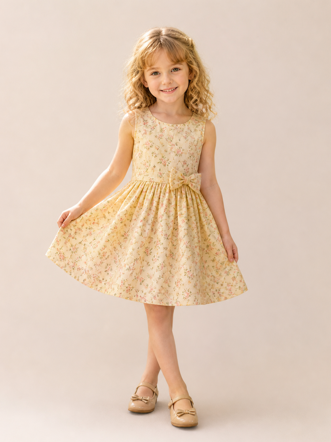 Girls Yellow Floral Sleeveless Party Dress with Bow | Elegant Cotton Summer Dress for Kids (1–5 Years)