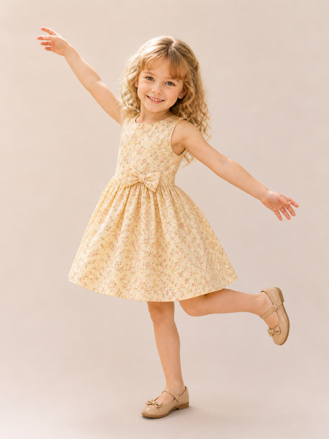 Girls Yellow Floral Sleeveless Party Dress with Bow | Elegant Cotton Summer Dress for Kids (1–5 Years)