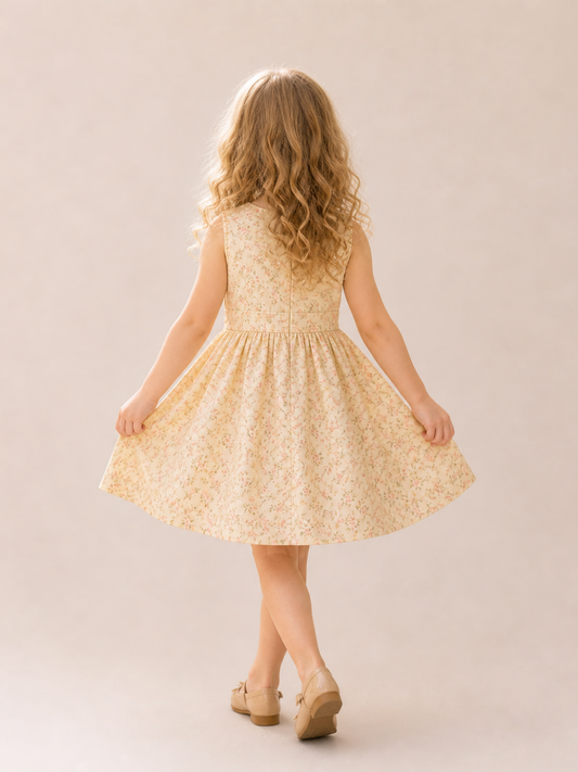 Girls Yellow Floral Sleeveless Party Dress with Bow | Elegant Cotton Summer Dress for Kids (1–5 Years)