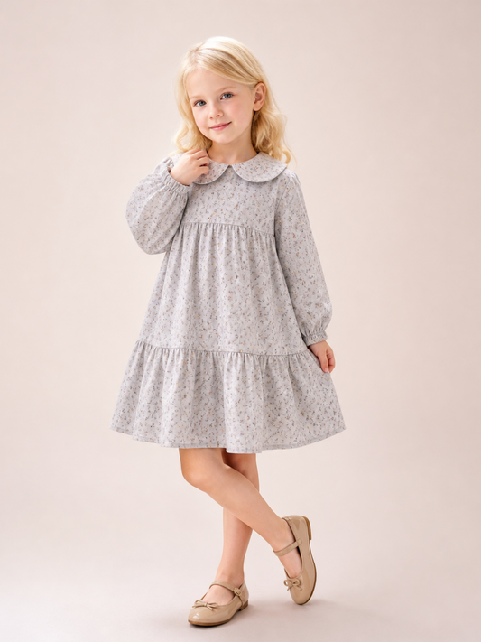 Girls Grey Floral Peter Pan Collar Dress | Elegant Full Sleeve Cotton Party Dress for Kids (2–8 Years)