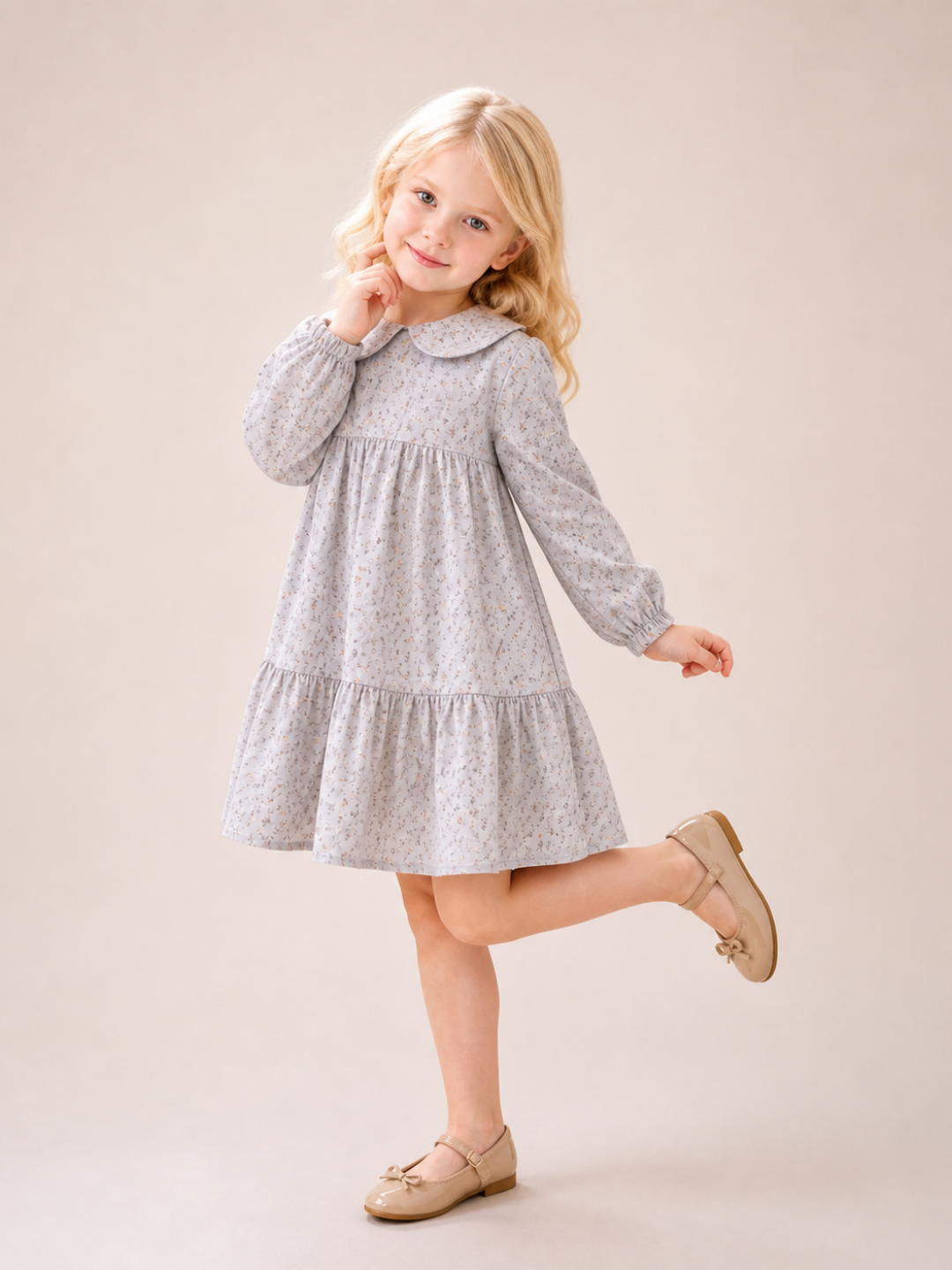 Girls Grey Floral Peter Pan Collar Dress | Elegant Full Sleeve Cotton Party Dress for Kids (2–8 Years)