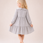 Girls Grey Floral Peter Pan Collar Dress | Elegant Full Sleeve Cotton Party Dress for Kids (2–8 Years)