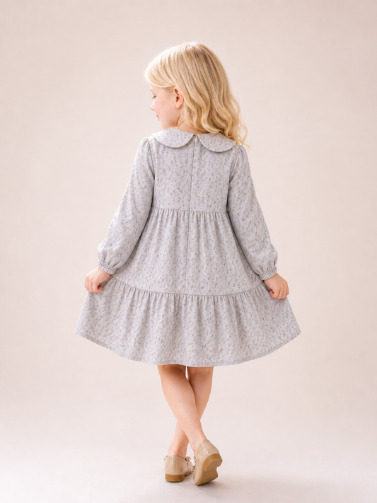 Girls Grey Floral Peter Pan Collar Dress | Elegant Full Sleeve Cotton Party Dress for Kids (2–8 Years)