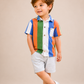 Boys Multicolor Striped Half Sleeve Shirt with Grey Shorts Co-ord Set | Stylish Cotton Summer Outfit for Kids (2–9 Years)
