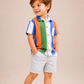 Boys Multicolor Striped Half Sleeve Shirt with Grey Shorts Co-ord Set | Stylish Cotton Summer Outfit for Kids (2–9 Years)