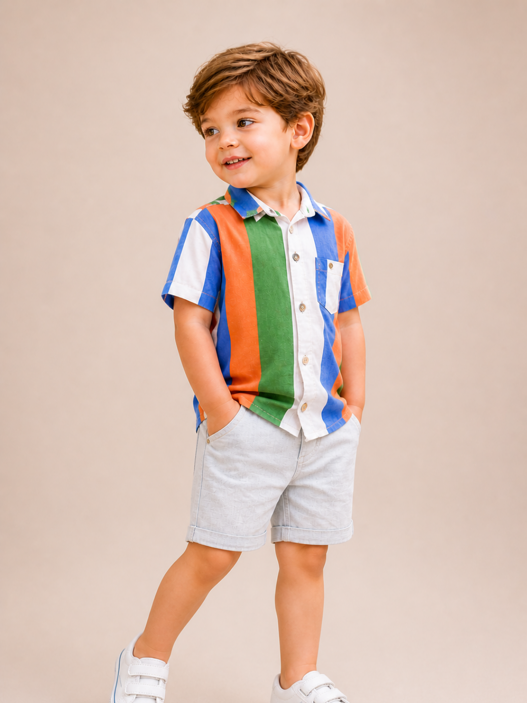 Boys Multicolor Striped Half Sleeve Shirt with Grey Shorts Co-ord Set | Stylish Cotton Summer Outfit for Kids (2–9 Years)