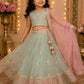 Girls Sea Green Floral Embroidered Lehenga Choli with Pink Dupatta | Kids Designer Ethnic Wear | Party & Wedding Wear Lehenga Set for Girls (1–8 Years)