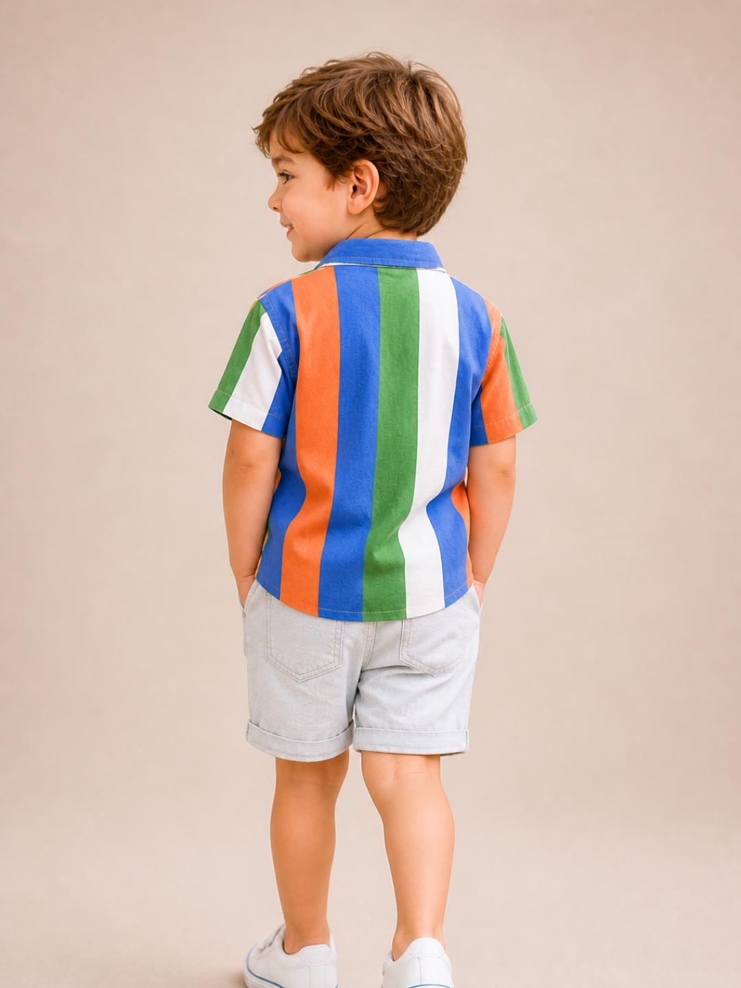 Boys Multicolor Striped Half Sleeve Shirt with Grey Shorts Co-ord Set | Stylish Cotton Summer Outfit for Kids (2–9 Years)