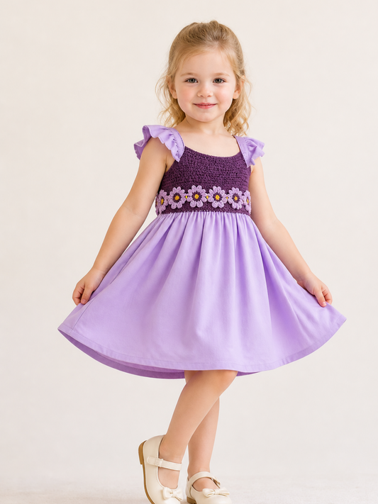 Girls Lavender Floral Embroidered Party Dress with Flutter Sleeves | Elegant Twirl Dress for Kids (1–6 Years)