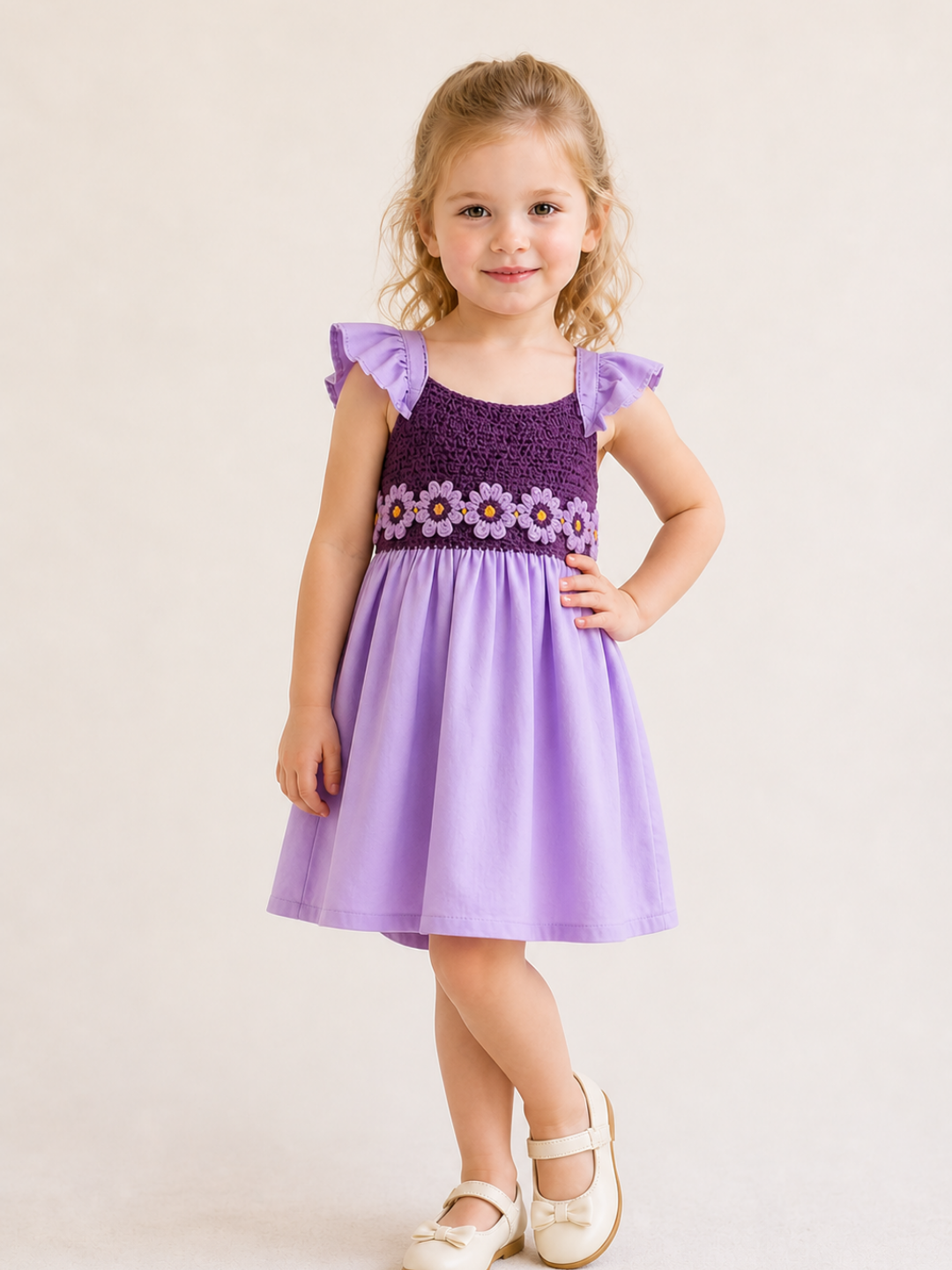 Girls Lavender Floral Embroidered Party Dress with Flutter Sleeves | Elegant Twirl Dress for Kids (1–6 Years)