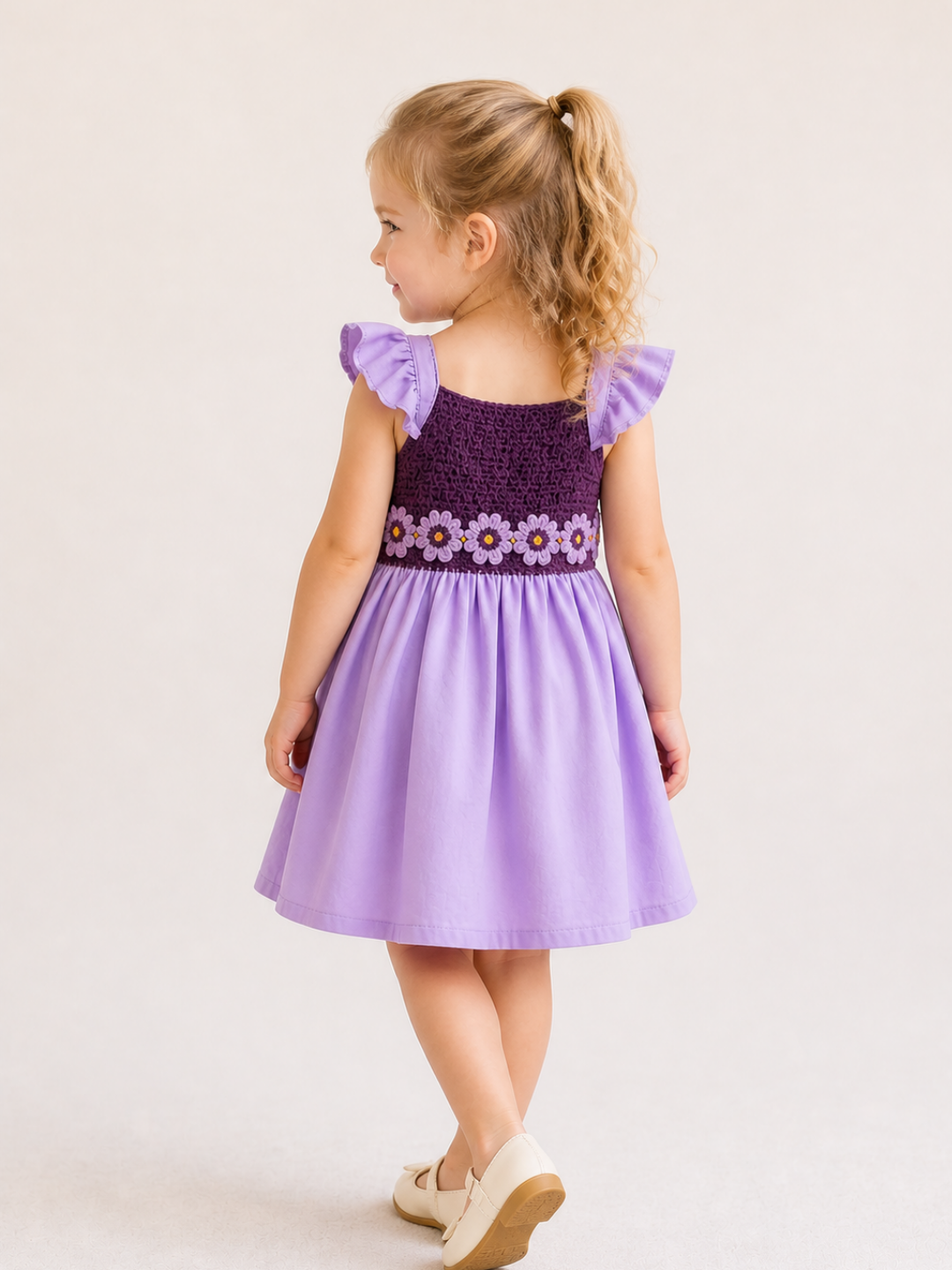 Girls Lavender Floral Embroidered Party Dress with Flutter Sleeves | Elegant Twirl Dress for Kids (1–6 Years)