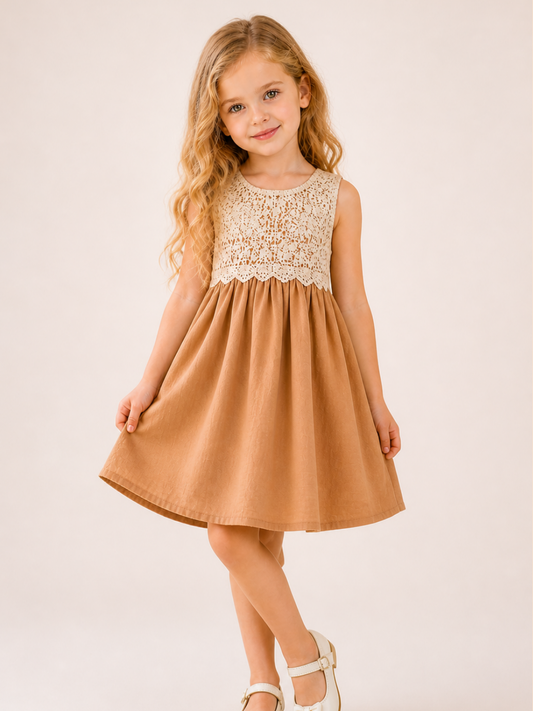 Girls Beige Lace Yoke Fit & Flare Dress | Elegant Sleeveless Party Dress for Kids (1–6 Years)