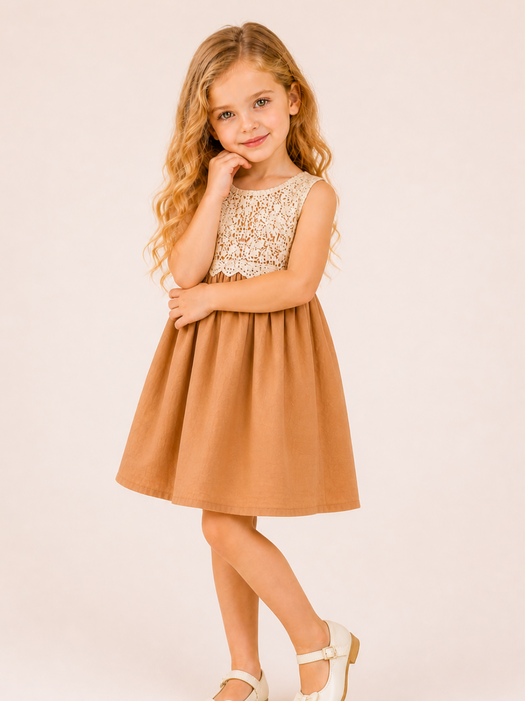 Girls Beige Lace Yoke Fit & Flare Dress | Elegant Sleeveless Party Dress for Kids (1–6 Years)